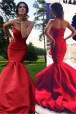 Unique Mermaid Pleated Red Sleeveless Elastic Woven Satin Sweep Train Zipper Prom Evening Gown for Prom and Party