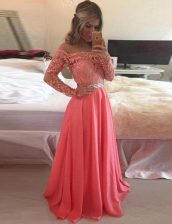  Watermelon Red Dress for Prom Prom with Beading and Appliques Scoop Long Sleeves Zipper