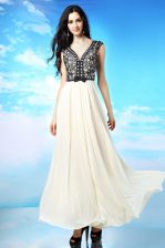 Comfortable White And Black Cap Sleeves Appliques and Bowknot Ankle Length Prom Evening Gown