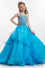 Low Price Aqua Blue A-line Organza Scoop Sleeveless Beading and Ruffles Floor Length Zipper Pageant Gowns For Girls