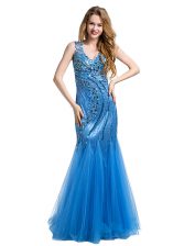 Fashionable Mermaid Floor Length Baby Blue Evening Dress V-neck Sleeveless Zipper
