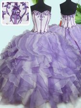  Sleeveless Organza Floor Length Lace Up Sweet 16 Quinceanera Dress in White And Purple with Beading and Ruffles