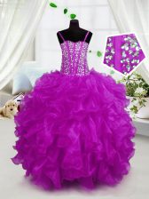 Affordable Hot Pink Sleeveless Organza Lace Up Little Girls Pageant Dress for Party and Wedding Party