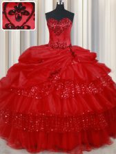 Discount Red Lace Up Sweetheart Embroidery and Ruffled Layers and Sequins and Pick Ups Quinceanera Dresses Organza Sleeveless