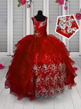 Fancy Red Sleeveless Floor Length Appliques and Ruffled Layers Lace Up Pageant Gowns For Girls