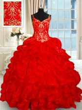 Artistic Red Organza Lace Up Quinceanera Dresses Sleeveless Brush Train Beading and Ruffles and Pick Ups