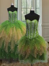 Cheap Three Piece Floor Length Lace Up 15 Quinceanera Dress Multi-color for Military Ball and Sweet 16 and Quinceanera with Beading