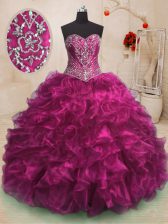  With Train Fuchsia Sweet 16 Dress Sweetheart Sleeveless Sweep Train Lace Up