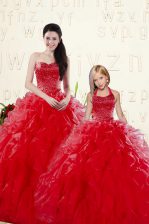 Customized Sleeveless Floor Length Beading and Ruffles Lace Up Quinceanera Dresses with Coral Red