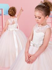 Designer Tulle Scoop Sleeveless Lace Up Lace and Bowknot Flower Girl Dresses in Champagne