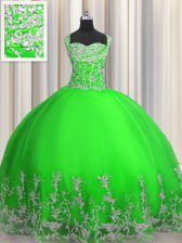  Green Ball Gowns Straps Sleeveless Tulle Floor Length Lace Up Beading and Appliques Sweet 16 Quinceanera Dress