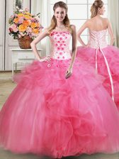 Edgy Hot Pink Sleeveless Tulle Lace Up Quinceanera Dresses for Military Ball and Sweet 16 and Quinceanera