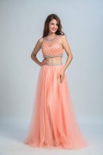 Artistic Peach Chiffon Side Zipper Scoop Sleeveless Floor Length Prom Evening Gown Beading and Belt