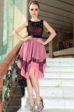 Noble Scoop Pink And Black Chiffon Side Zipper Evening Dress Sleeveless Asymmetrical Beading and Lace