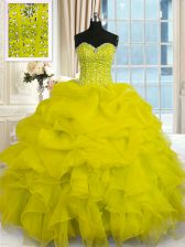 Deluxe Sweetheart Sleeveless Quinceanera Gowns Floor Length Beading and Ruffles Yellow Organza