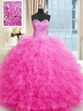 Dazzling Hot Pink Sweetheart Neckline Beading and Ruffles Ball Gown Prom Dress Sleeveless Lace Up