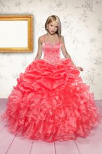 Eye-catching Coral Red Spaghetti Straps Neckline Beading and Ruffles and Pick Ups Little Girls Pageant Gowns Sleeveless Lace Up