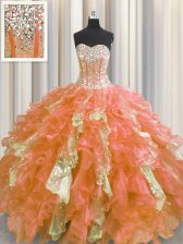 Luxurious Visible Boning Sweetheart Sleeveless Sweet 16 Dresses Floor Length Beading and Ruffles and Sequins Multi-color Organza and Sequined