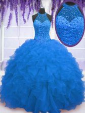 Affordable Floor Length Blue Quinceanera Gowns Organza Sleeveless Beading and Ruffles