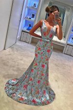  Mermaid Blue Sleeveless Chiffon Sweep Train Zipper Prom Party Dress for Prom