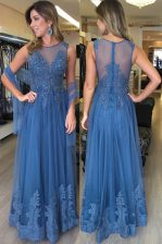 Low Price Scoop Sleeveless Floor Length Beading and Appliques Zipper Homecoming Dress with Blue
