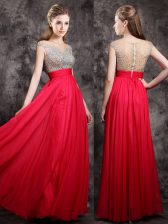 High End Floor Length Coral Red Evening Dress Chiffon Cap Sleeves Beading