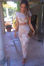  Scoop Pink Lace Clasp Handle Dress for Prom Short Sleeves Ankle Length Lace