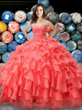 Simple Coral Red Ball Gowns Beading and Ruffles Sweet 16 Dress Lace Up Organza Sleeveless Floor Length