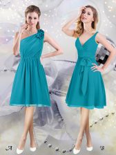  One Shoulder Sleeveless Vestidos de Damas Knee Length Ruffles and Ruching and Belt Teal Chiffon