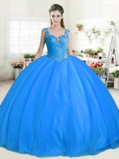 Beautiful Straps Floor Length Zipper Quinceanera Dresses Blue for Military Ball and Sweet 16 and Quinceanera with Beading