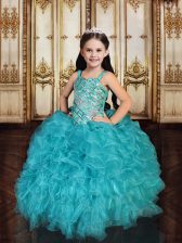 Affordable Teal Tulle Lace Up Straps Sleeveless Floor Length Kids Formal Wear Beading and Ruffles and Sequins