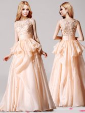  Scoop Champagne A-line Appliques and Pick Ups Prom Dresses Zipper Taffeta Sleeveless Floor Length