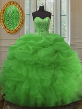 Admirable Sweetheart Sleeveless Ball Gown Prom Dress Floor Length Beading and Ruffles and Pick Ups Green Organza