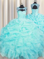 Sweet Aqua Blue Sweet 16 Dresses Military Ball and Sweet 16 and Quinceanera with Beading and Pick Ups Scoop Sleeveless Lace Up