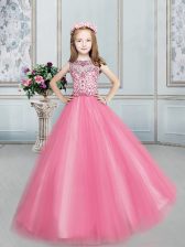  Floor Length Ball Gowns Sleeveless Rose Pink Girls Pageant Dresses Lace Up