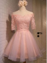  Off the Shoulder Peach Organza Lace Up Prom Evening Gown Short Sleeves Mini Length Appliques
