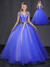 Beauteous Floor Length Royal Blue Quinceanera Gowns Tulle Sleeveless Appliques and Belt