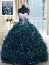 Modest Teal Organza Lace Up Ball Gown Prom Dress Sleeveless With Brush Train Beading and Ruffles