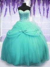  Aqua Blue Quinceanera Gown Military Ball and Sweet 16 and Quinceanera with Beading and Sequins and Bowknot Sweetheart Sleeveless Lace Up