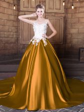  Gold Scoop Lace Up Lace and Appliques Quinceanera Gown Court Train Sleeveless