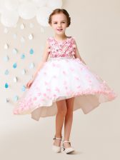 Superior Scoop Lace and Appliques Flower Girl Dress Pink And White Zipper Sleeveless High Low