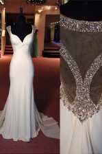  Mermaid Scoop Side Zipper Homecoming Dress White for Prom and Party with Beading Sweep Train