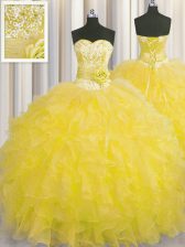  Handcrafted Flower Gold Sweetheart Lace Up Beading and Ruffles and Hand Made Flower 15 Quinceanera Dress Sleeveless