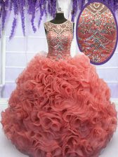 Chic Scoop Beading and Ruffles Sweet 16 Dress Coral Red Lace Up Sleeveless Floor Length