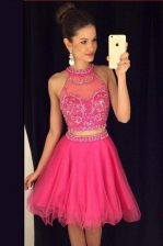 Latest Hot Pink Tulle Zipper Scoop Sleeveless Mini Length Prom Party Dress Beading