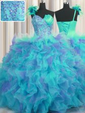 Customized One Shoulder Handcrafted Flower Floor Length Lace Up 15th Birthday Dress Multi-color for Military Ball and Sweet 16 and Quinceanera with Beading and Ruffles and Hand Made Flower