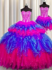Elegant Three Piece Visible Boning Tulle Sweetheart Sleeveless Lace Up Beading Quinceanera Gown in Multi-color