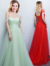 Fashionable Apple Green Damas Dress Prom and Party and Wedding Party with Appliques and Ruching Off The Shoulder Sleeveless Brush Train Lace Up