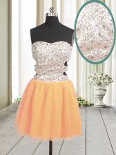  Mini Length Orange Prom Gown Tulle Sleeveless Beading and Sequins