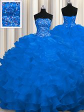 Sexy Royal Blue Sleeveless Organza Sweep Train Lace Up Vestidos de Quinceanera for Military Ball and Sweet 16 and Quinceanera